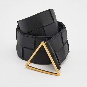Pre Owned Bottega Veneta Black Intrecciato Leather Wide Waist Belt 75CM