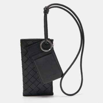 Pre Owned Bottega Veneta Black Intrecciato Leather Card Case Landyard