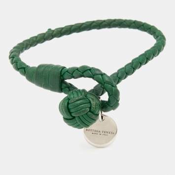 Pre Owned Bottega Veneta Intrecciato Green Leather Single Knot Bracelet S