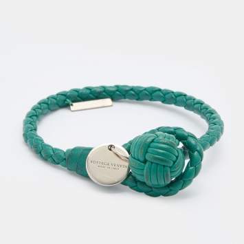 Pre Owned Bottega Veneta Green Intrecciato Leather Knot Bracelet S