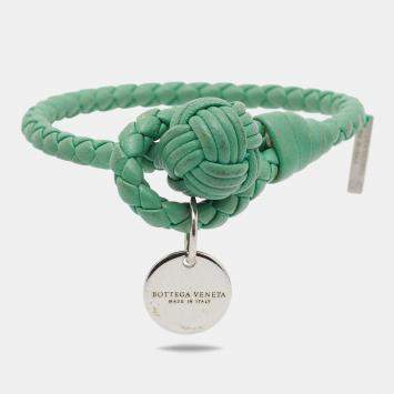 Pre Owned Bottega Veneta Green Leather Intrecciato Knot Bracelet S