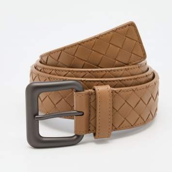Pre Owned Bottega Veneta Brown Intrecciato Leather Buckle Belt 85CM