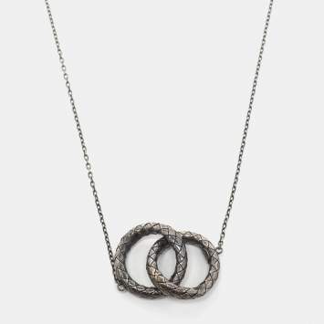 Pre Owned Bottega Veneta Intrecciato Double Circle Sterling Silver Pendant Necklace