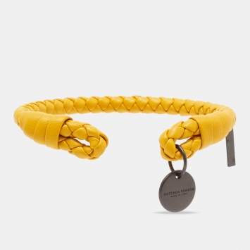 Pre Owned Bottega Veneta Intrecciato Nappa Gold Tone Open Cuff Leather Bracelet M