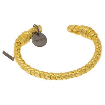 Pre Owned Bottega Veneta Intrecciato Nappa Gold Tone Open Cuff Leather Bracelet M