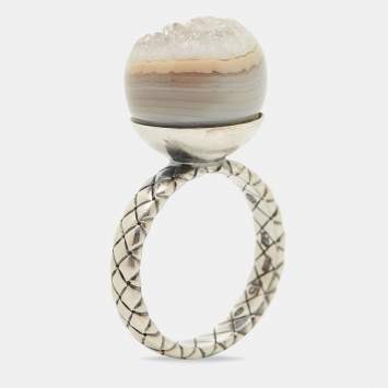 Pre Owned Bottega Veneta Stone Charm Silver Ring EU 54