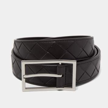 Pre Owned Bottega Veneta Black Intrecciato Leather Buckle Belt 95CM