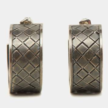 Pre Owned Bottega Veneta Intecciato Silver Hoop Earrings