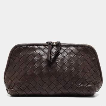 Pre Owned Bottega Veneta Dark Brown Intrecciato Leather Beauty Pouch