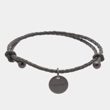 Pre Owned Bottega Veneta Intrecciato Leather Gunmetal Tone Adjustable Bracelet