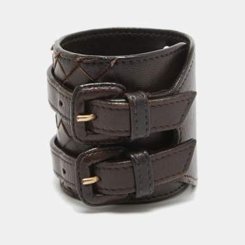 Pre Owned Bottega Veneta Dark Brown Intrecciato Leather Double Buckle Wrap Bracelet