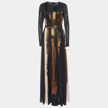 Pre Owned Bottega Veneta Black Printed & Textured Crepe Gown S