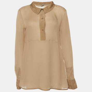 Pre Owned Bottega Veneta Beige Silk Crepe Full Sleeves Top M