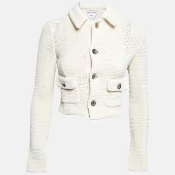 Pre Owned Bottega Veneta Off White Textured Knit Crop Jacket XS