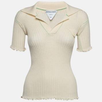Pre Owned Bottega Veneta Cream Knit Tight Fit Polo T-Shirt XS
