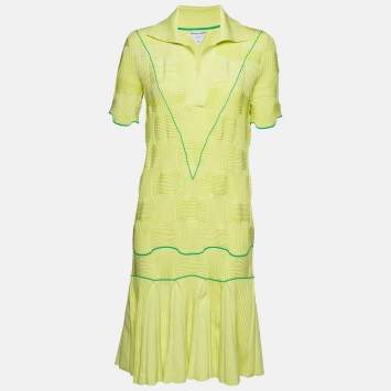 Pre Owned Bottega Veneta Yellow Intreccio Knit Midi Dress XL