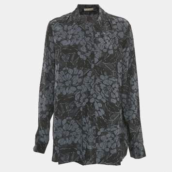 Pre Owned Bottega Veneta Blue/Black Printed Silk Tie-Up Collar Shirt M