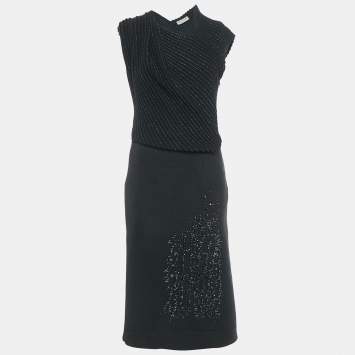 Pre Owned Bottega Veneta Black Wool & Patterned Knit Sleeveless Midi Dress M