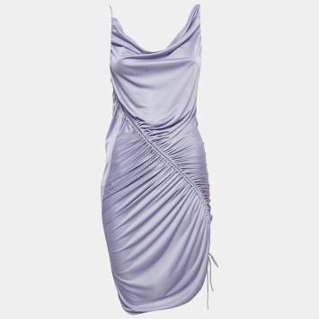 Pre Owned Bottega Veneta Purple Jersey Ruched Asymmetric Midi Dress XXS