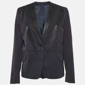 Pre Owned Bottega Veneta Navy Blue Printed Gabardine Single Breasted Blazer M