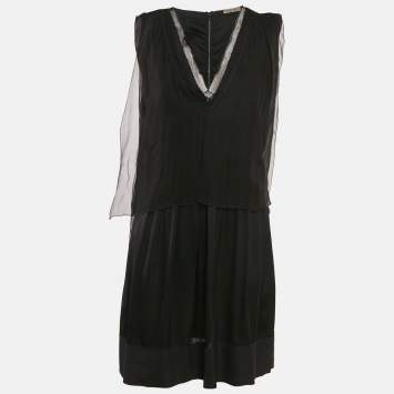 Pre Owned Bottega Veneta Black Silk Blend V-Neck Short Dress S