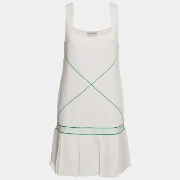 Pre Owned Bottega Veneta White Contrast Trim Stretch Knit Mini Dress M