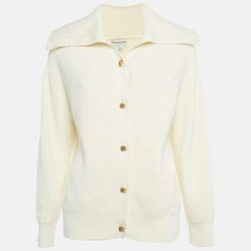 Pre Owned Bottega Veneta Cream Rib Knit Metal Knot Hardware Cardigan M