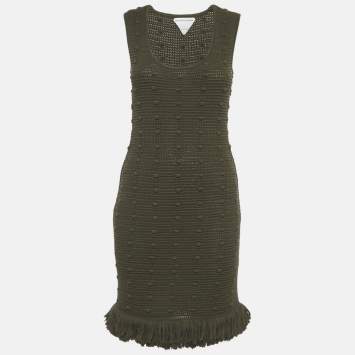 Pre Owned Bottega Veneta Olive Green Crochet Fringe Detail Mini Dress XS
