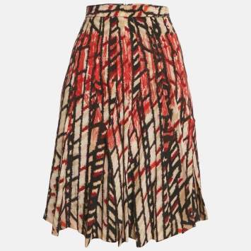 Pre Owned Bottega Veneta Cream/Red Printed Silk Knee-Length Skirt S