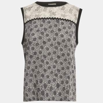 Pre Owned Bottega Veneta Black Printed Silk and Jersey Sleeveless Top M