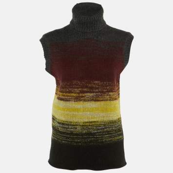 Pre Owned Bottega Veneta Grey Striped Wool Knit Turtle Neck Sweater S