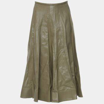 Pre Owned Bottega Veneta Beige Pleated Leather Midi Skirt M