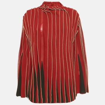 Pre Owned Bottega Veneta Red Knit Paneled Turtle Neck Blouse M