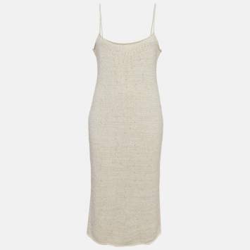 مملوكة مسبقًا Bottega Veneta  White Cotton Knit Strap Sleeve Midi Dress L