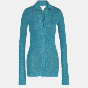 Pre Owned Bottega Veneta Turquoise Mesh Knit Sheer Shirt XS