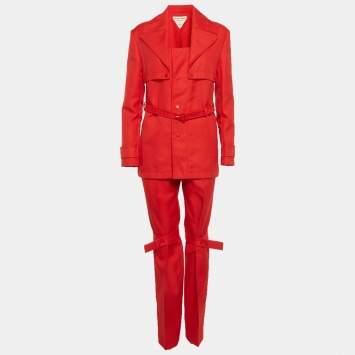 Pre Owned Bottega Veneta Red Gabardine Belted Set XS