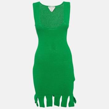Pre Owned Bottega Veneta Parakeet Crochet Scoop Neck Mini Dress XS
