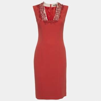 Pre Owned فستان بوتيغا فينيتا أحمر بدانتيل كريب قصير مقاس صغير