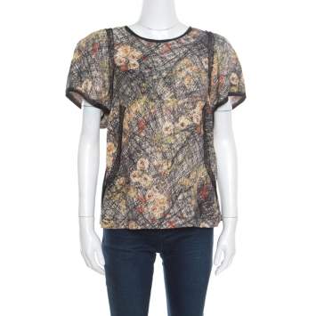 Pre Owned Bottega Veneta Cream and Black Scribble Floral Print Top L