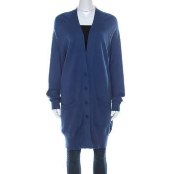 Pre Owned Bottega Veneta Blue Cashmere Button Front Long Cardigan M