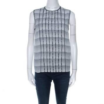 Pre Owned Bottega Veneta Black White and Blue Geometric Printed Silk Sleeveless Top S 