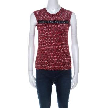 Pre Owned Bottega Veneta Red Microsquare Printed Cotton and Lace Yoke Sleeveless Top S 