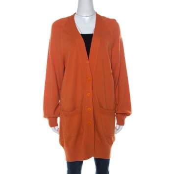 Pre Owned Bottega Veneta Brick Orange Cashmere Mid Length Cardigan M 