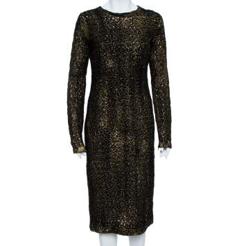 Pre Owned Bottega Veneta Black Foil Print Wool Midi Sheath Dress M