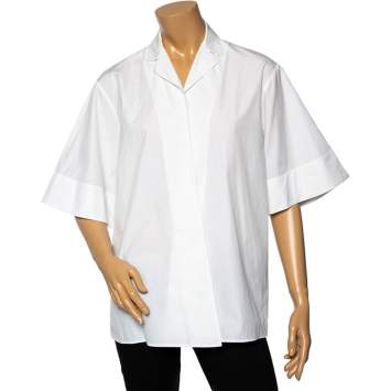 Pre Owned Bottega Veneta White Cotton Open Front Short Sleeve Shirt M