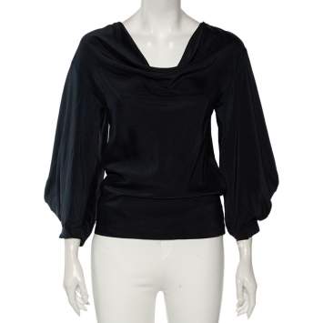 Pre Owned Bottega Veneta Navy Blue Silk Draped Neck Detail Billowed Sleeve Blouse S