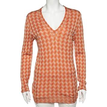 Pre Owned Bottega Veneta Orange Chevron Knit V-Neck Long Sleeve Sweater M