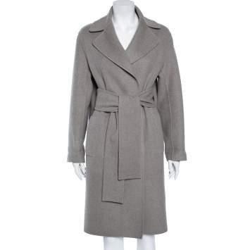Pre Owned Bottega Veneta Grey Cashmere Open Front Belted Coat S