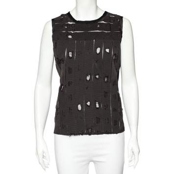 Pre Owned Bottega Veneta Brown Distressed Effect Mesh Inset & Silk Paneled Top M