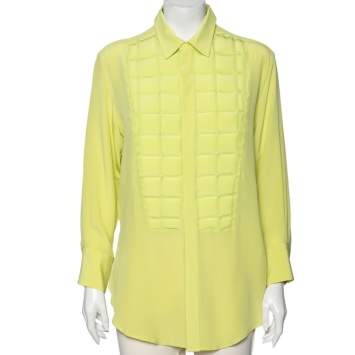 Pre Owned Bottega Veneta Green Silk & Quilted Plastron Detailed Tuxedo Shirt M